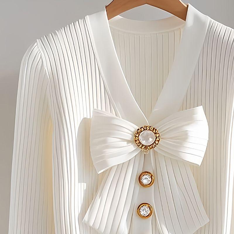 Women's Bowknot Long Sleeved Cardigans Single Breasted Autumn Ladies' Clothing White V-neck Tops for Female
