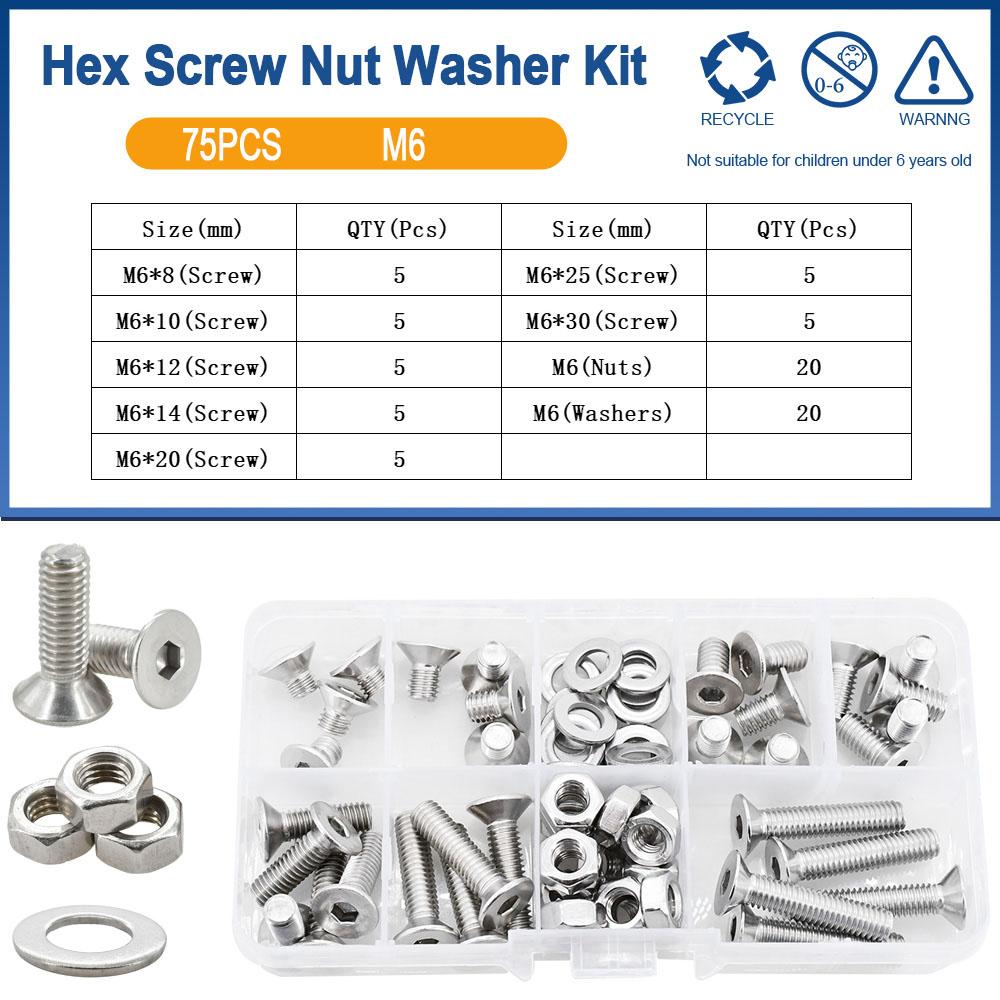 Hexagonal Countersunk Screw Nut Washer Set Metric Threaded Hex Bolt Nuts Spacer Kit Machine Screws Gasket Stainless Steel M2-M6