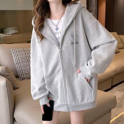 Kapuzenpullover mit besticktem Muster für Damen, Herbst und Winter, Fleeceoberteil mit Reißverschluss