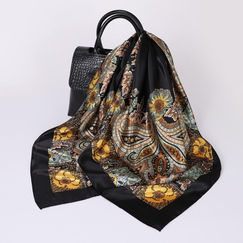 Versatile chain 90cm silk scarf square scarf high-end women's shawl retro printing satin bag headscarf
