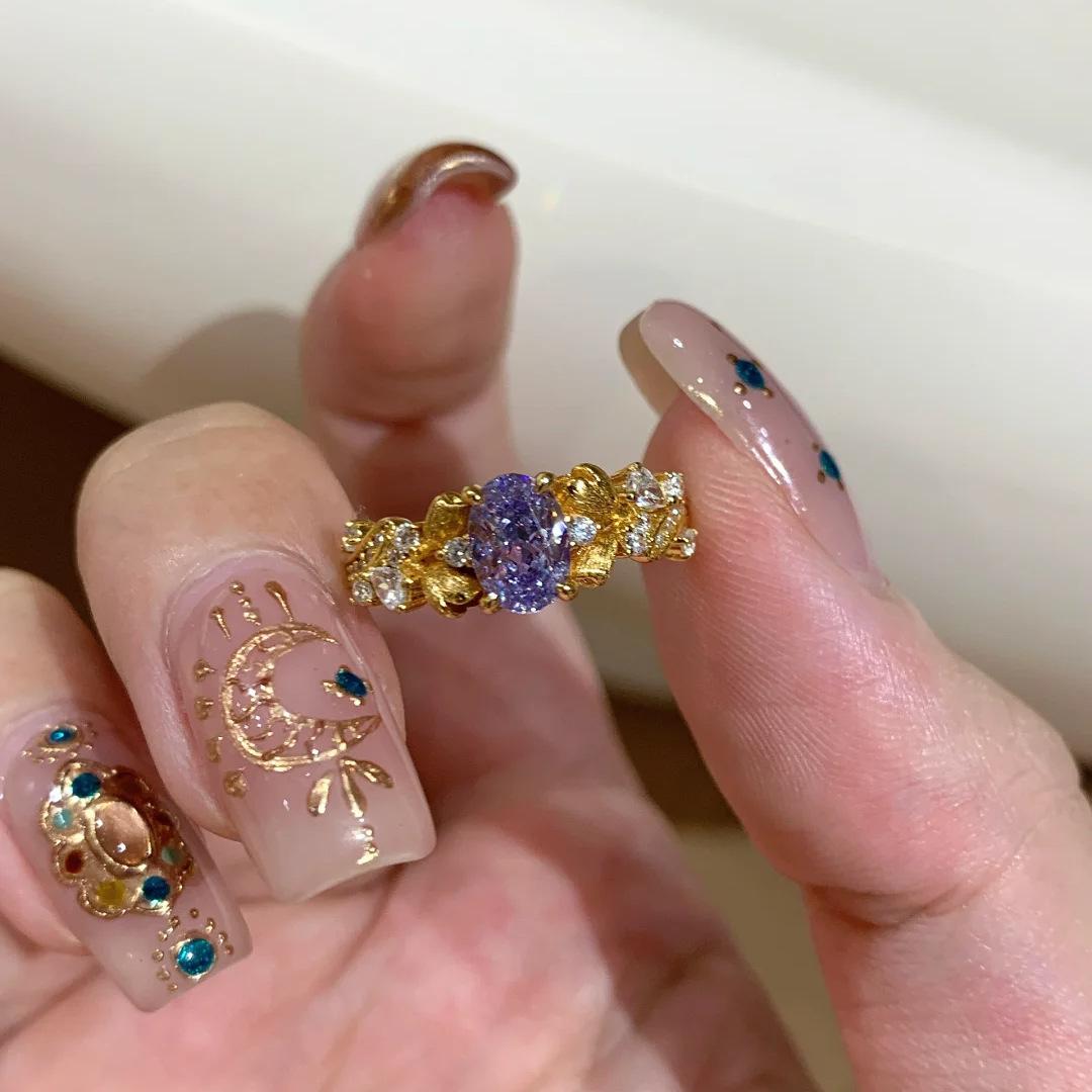 

Кольцо с фиолетовым камнем Женское Ретро Ощущение высокого класса Девять фиолетовых из огня Баухиния Ручной работы Матовое Цветное кольцо с бриллиантом opening adjustable