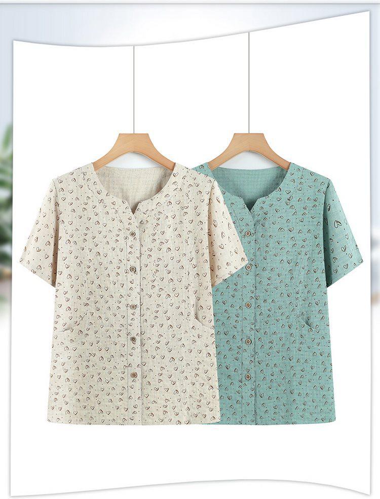Grandma's Summer Cotton Short Sleeve Shirt - Women's Cotton Linen Top for Middle-aged and Elderly