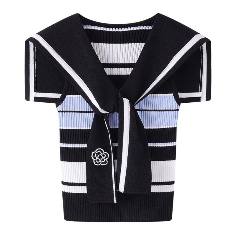 Women Flower Beading Tank Tops Striped Casual Summer Vest Ladies Summer Tops Knit Vest With Cape Knitwear B-091