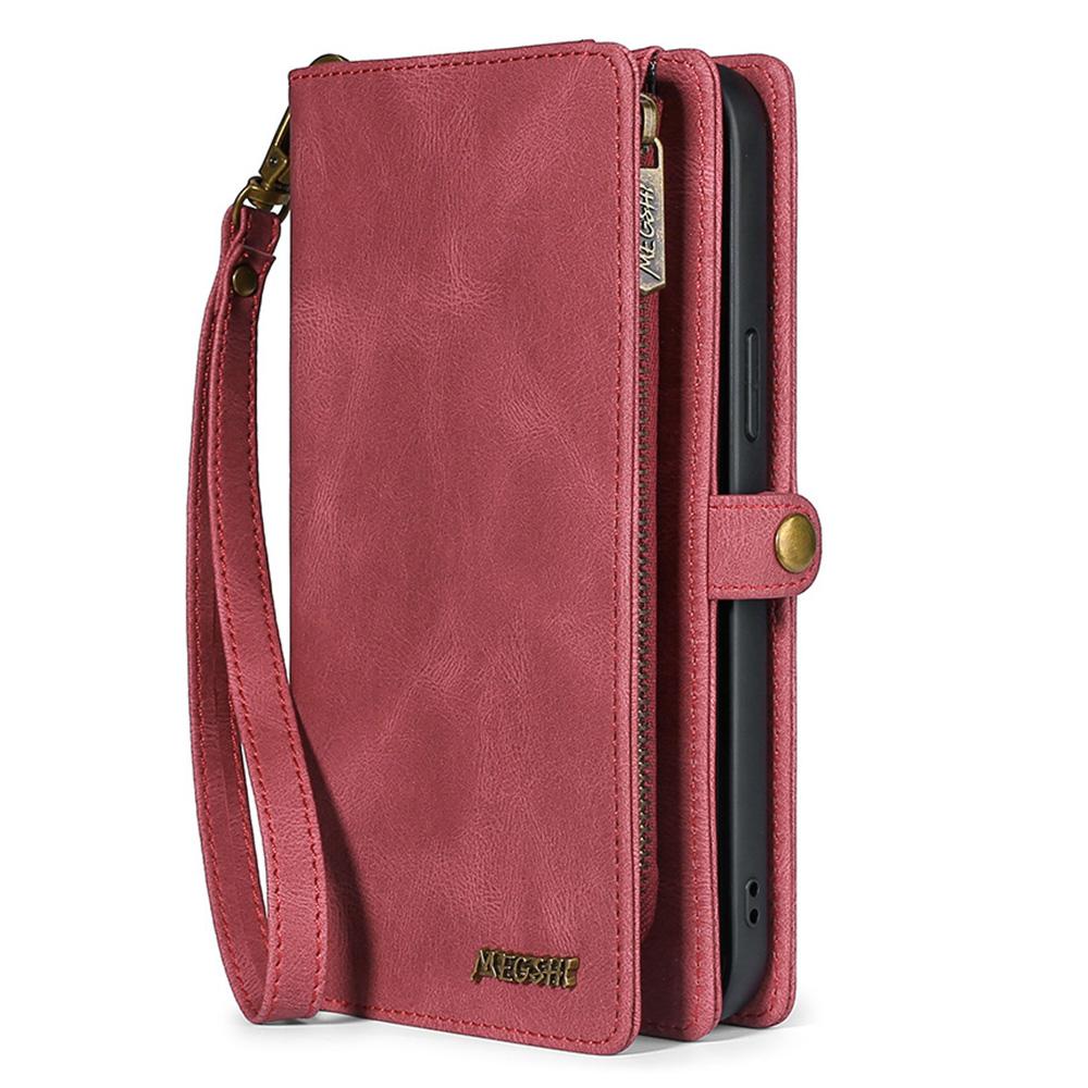 

MEGSHI 017 Series Detachable Magnet Cover for Samsung Galaxy S22 Ultra 5G,Zipper Purse PU Leather Shockproof Flip Case with Wrist Strap Red