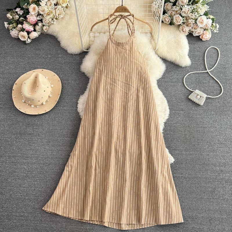 Summer Open Back Sling Loose Stripes Dress Halterneck