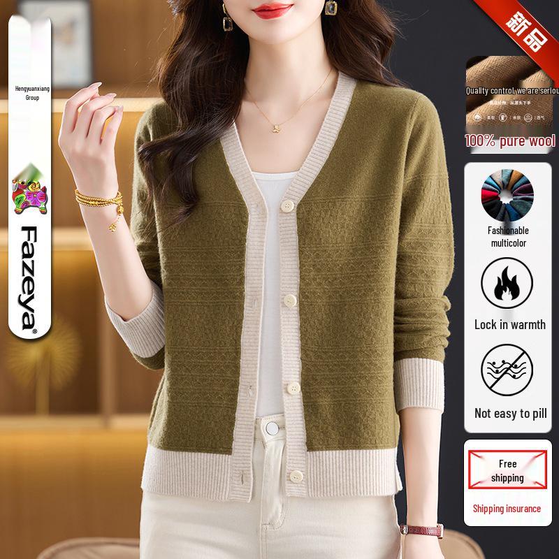 New Women's V-Neck Pure Wool Cardigan, Casual Knit Woolen Sweater Jacket