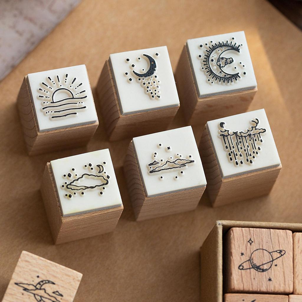 Audiophile Wooden Stamps Starry Sky Planet Moon Planner Diary Surreal Art Set of 16