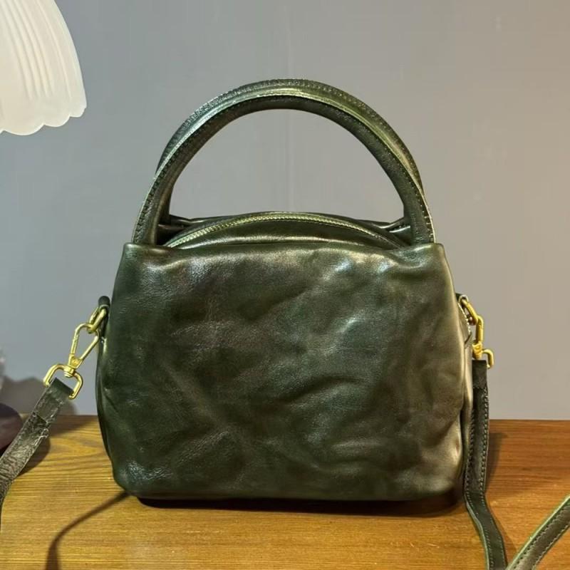 Fashionable Retro Small Bag Women's Full Tree Cream Cowhide Same Style Bowling Genuine Leather Handbag Crossbody
