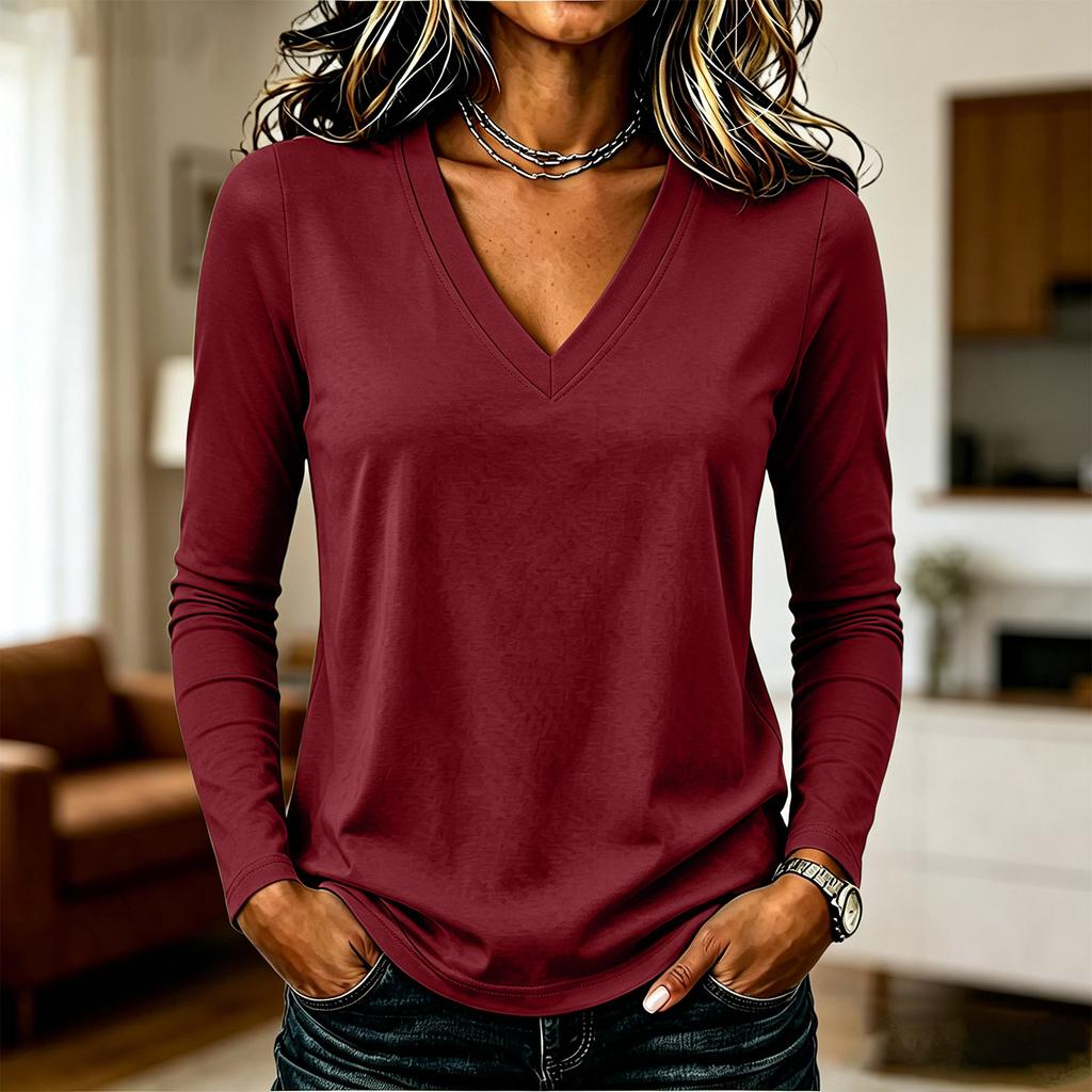 Top casual da donna a maniche lunghe, scollo a V, tinta unita, tessuto leggero, elastico, morbido, vestibilità comoda, per l'uso quotidiano