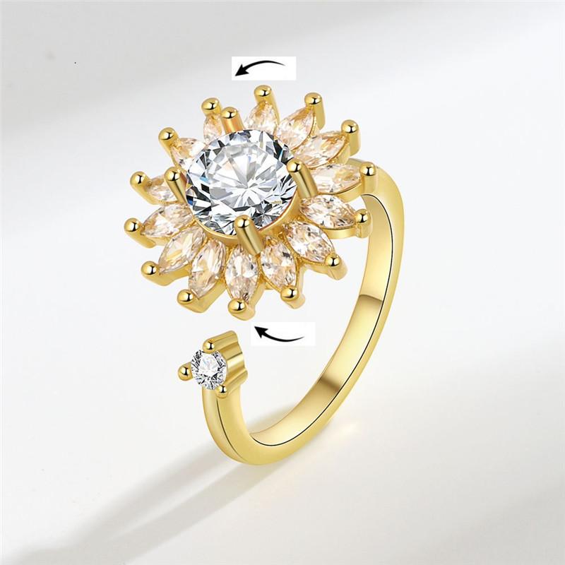 Mote Fidget Spinner Ring Angst for Kvinner Flere Krystall Solsikke Fingerringer Roter Anti Stress Zirkon Bryllupsgave