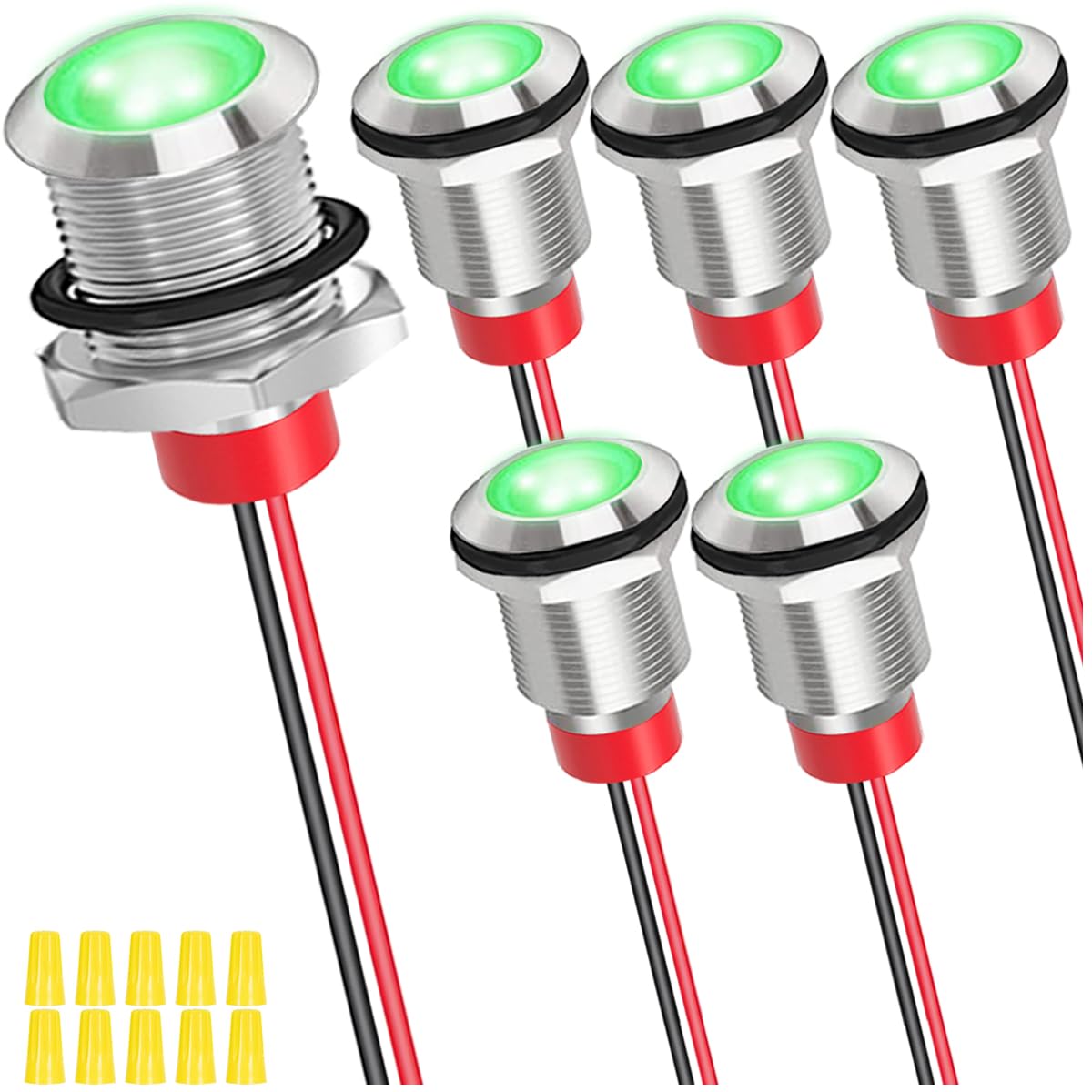 

MKBKLLJY 6pcs 12mmDC12-24V1A Green LED Metal Indicator Light Waterproof Signal Lamp Pilot Dash Direction With 150mm Cable Length And Wiring Cap F
