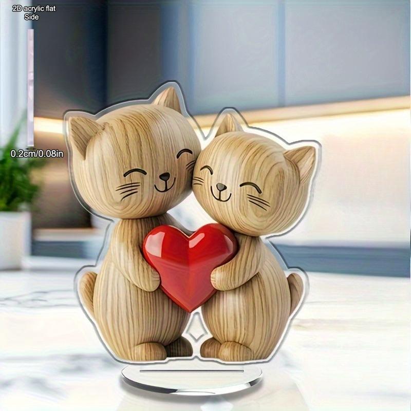 Wooden Kitten Couple Sculpture Light Dark Wood Grain Charming 2D Flat Cat for Wedding Anniversary Gift Desk Decoration, Acrylic Desktop Ornament