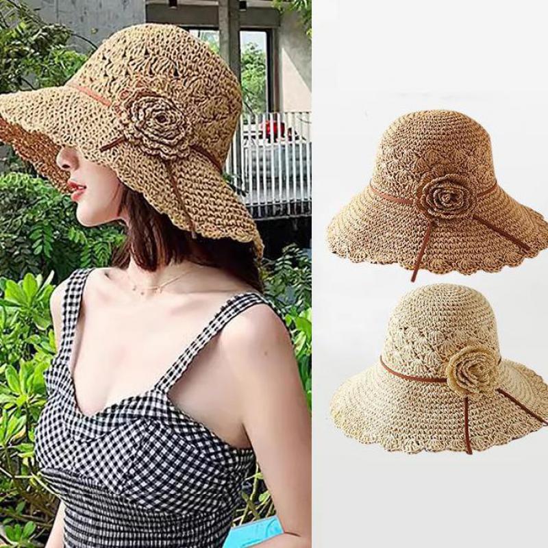 Summer Hats For Women Flower Rope Chain Foldable Sun Hat Beach Accessories Seaside Holiday Bucket Hat Sunhat New Beige Khaki