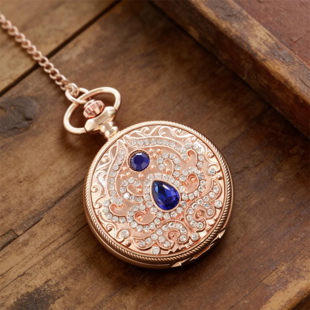 

Vintage Rose Gold Pocket Watch Crystal Blue Teardrop Gem Pendant Necklace Watch for Women Birthday Gifts чорний