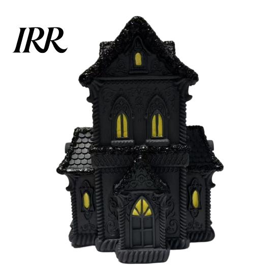 Gothic Home Decor Accessories Lighted Halloween Village House Statue with LED Light, Black Spooky Figurine for Tabletop Holiday Inspired Interior