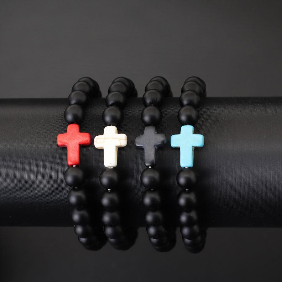 Bohemian Cross Bracelet For Men 8mm Onyx Stone Strand Braslet Beach Camping Casual Accessories Healing Prayer Meditation Pulsera