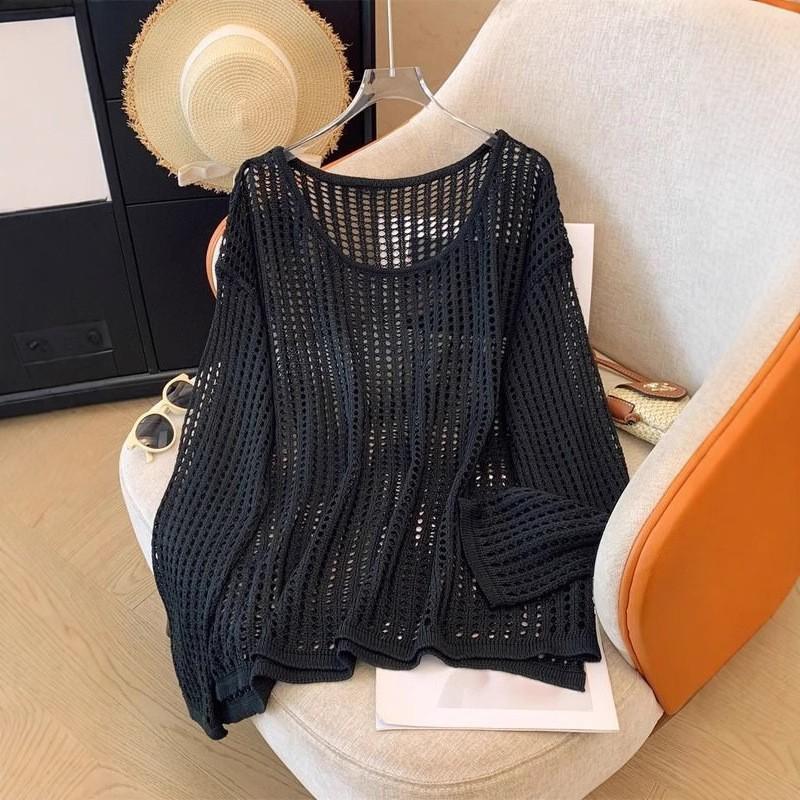 Dámský letní pletený dutý volný opalovací kryt design kulatý výstřih dlouhý rukáv pulovr top
