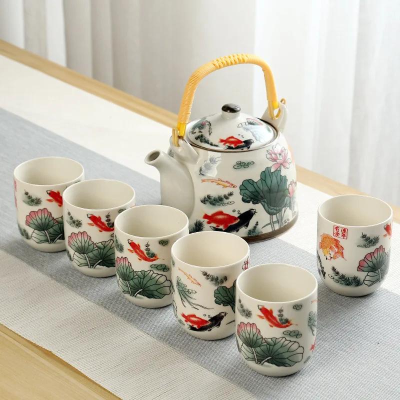 Retro Light Luxury, Large Capacity Teapot Tea Cups, Ceramic Celadon Kung Fu Tea Set, a Pot of Six Cups with Filter Green Teapot