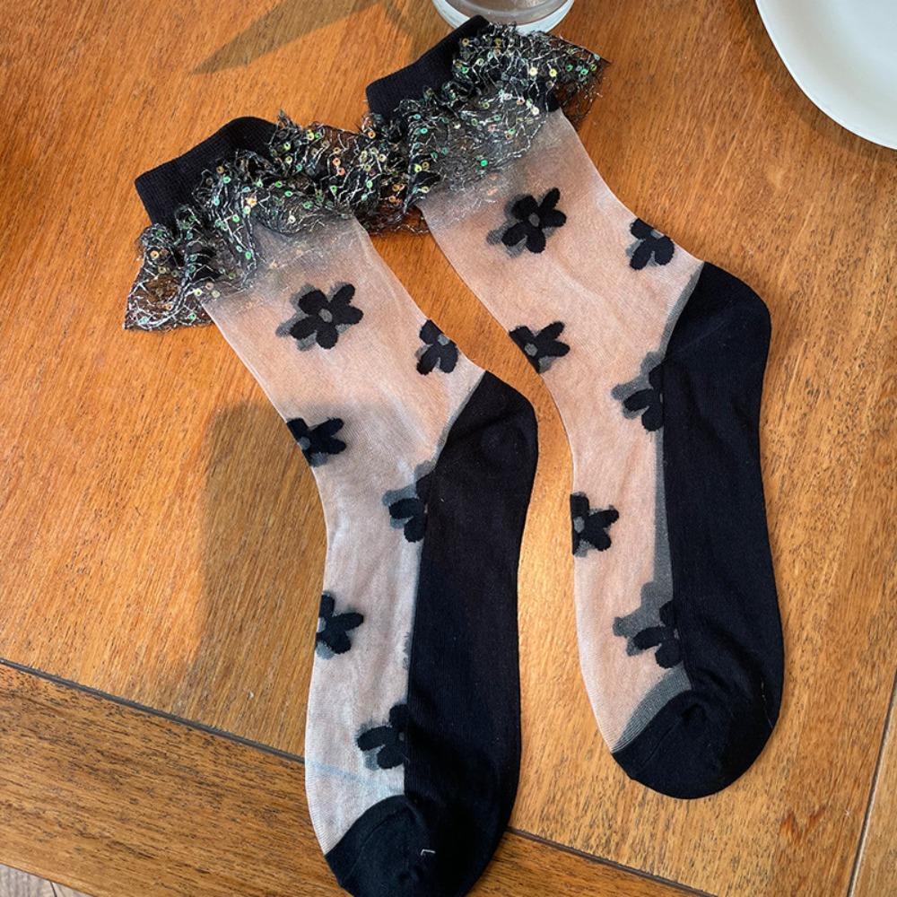 

Чулки Сладкая Лолита с оборками, носки из стеклянного шелка, универсальные прозрачные носки, женские чёрный