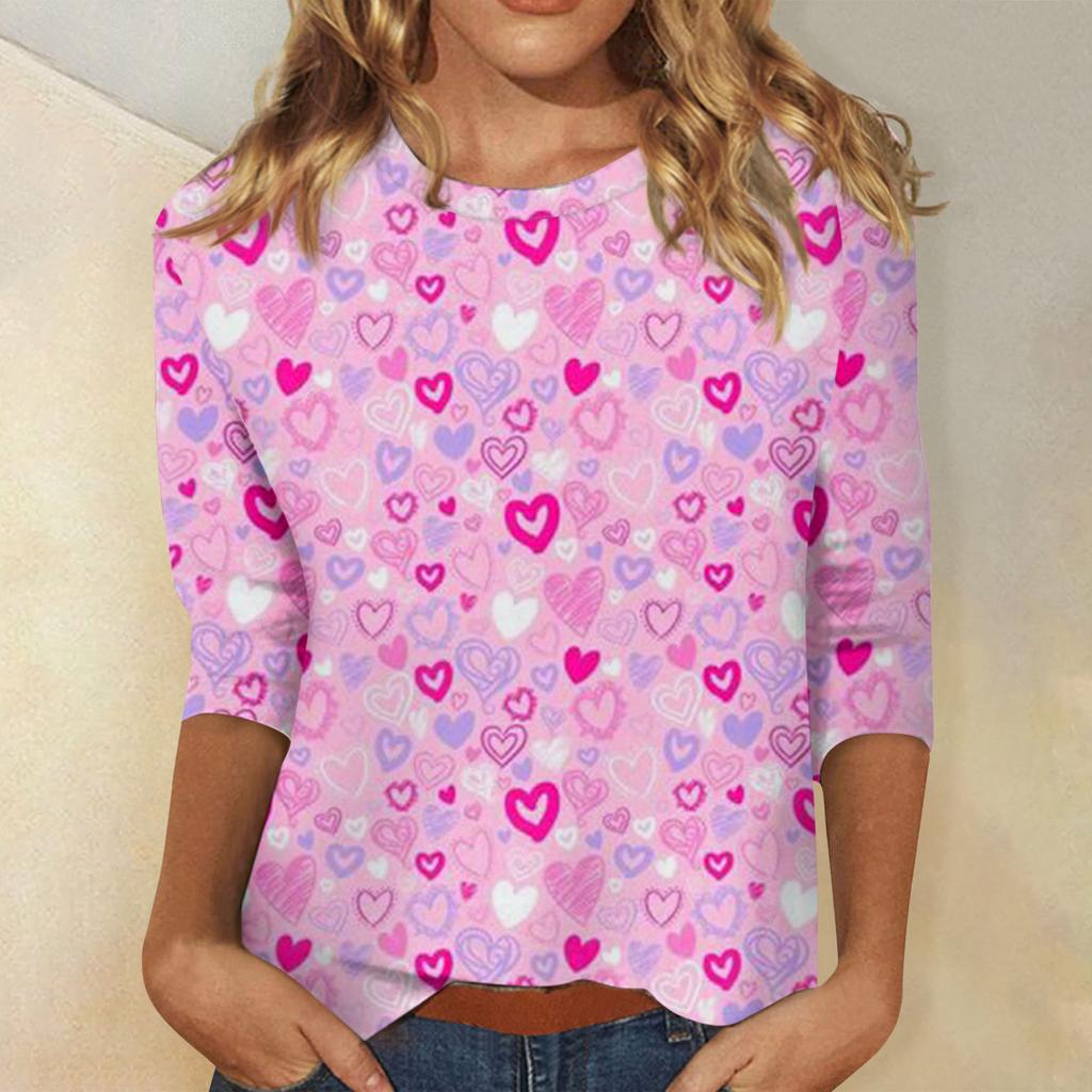 Damen Oberteile Dreiviertelarm Valentinstag Shirt Rundhals Lockeres Freizeitshirt