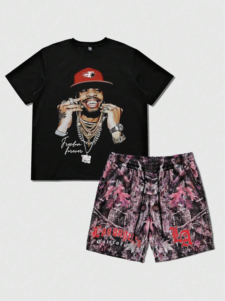 2dílná letní pánská hip hopová sada s 3D grafikou a kulatým výstřihem, krátkým rukávem a neformálním topem a kraťasy, Y2K Streetwear, fitness, běhání