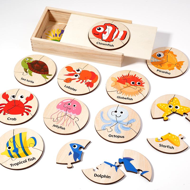 Children Montessori Educational Toys Wooden Circular Puzzle Marine Cognition Matching Game Early Preschool Toys for Kid Learning