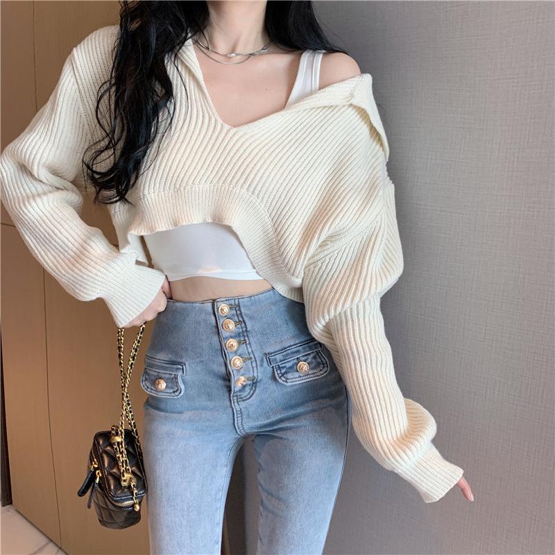 

Винтажный шикарный свитер в стиле Гонконга, осень и зима, новый дизайн, чувство маленькой моды, короткий стиль, трикотаж, топ для женщин One size