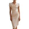 Women's Solid Color Draped Neck Dress Ruched Design Slim Fit Sheath Midi Dress Elegant Style for Office and Formal Events