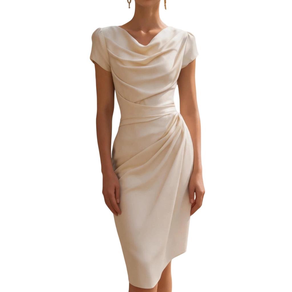 Women's Solid Color Draped Neck Dress Ruched Design Slim Fit Sheath Midi Dress Elegant Style for Office and Formal Events