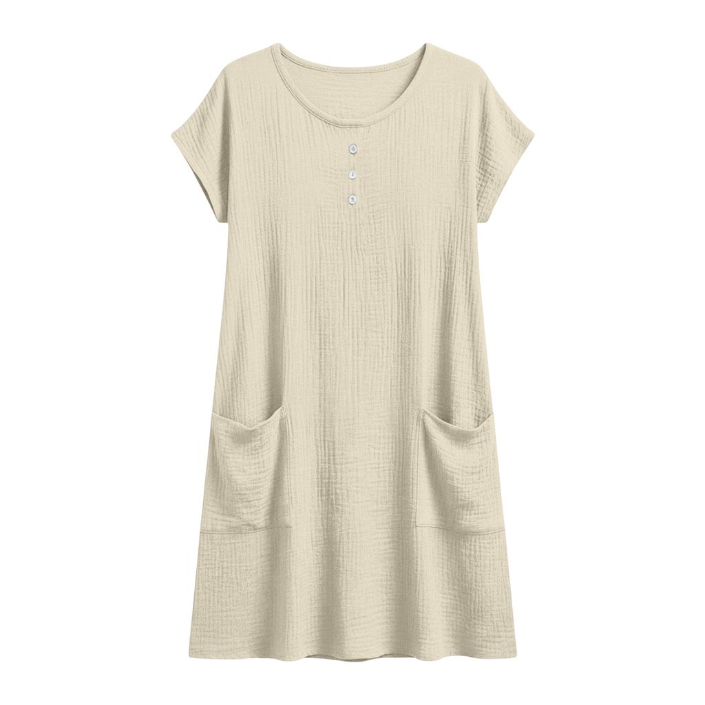 Women Short Sleeve Button Front Casual Loose Fit Dress with Pockets Round Neck Summer Lightweight Tunic Dress