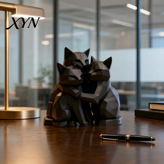 Animal Shape Sculpture 3D Printed Black Cat Figurine, Three Hugging Geometric Statue, Modern Statue for Home Office Bookshelf