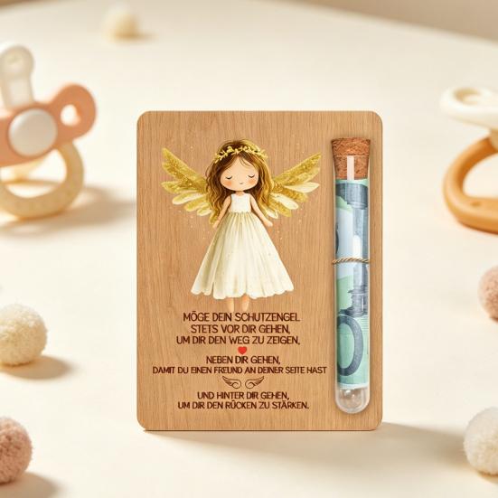 Engels-Holz-Geldkarte mit Reagenzglas-Schlitz Taufe Geburtstagsgeschenk für Jungen Mädchen Taufe Andenken Geldhalter Einzigartiges Erstkommuniongeschenk