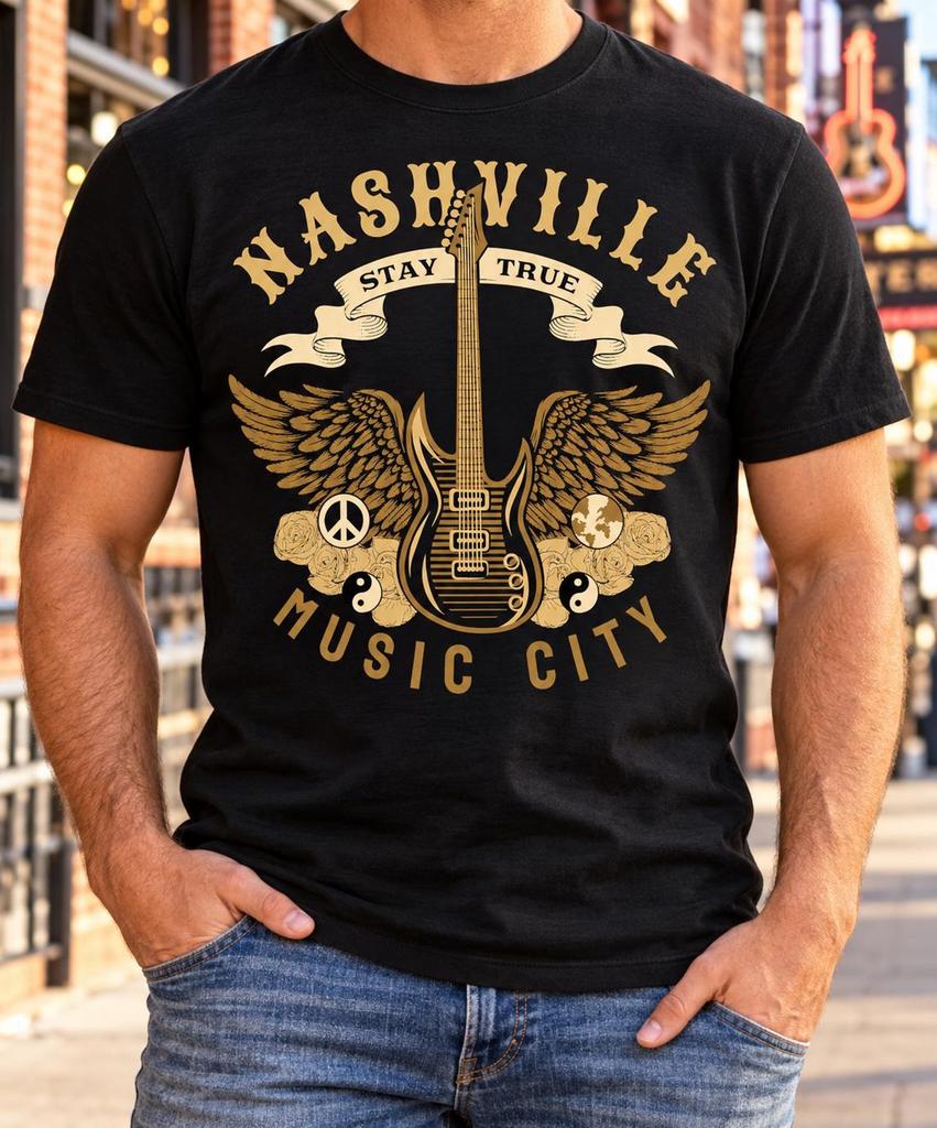 Nashville Music City Shirt, Vintage Winged Guitar Tee, Tennessee Travel Souvenir, Country Rock Fan Gift, Stay True Design, Musician Birthday