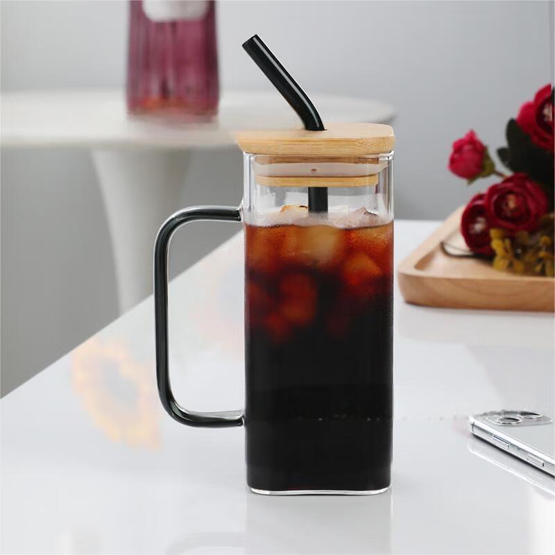 High Borosilicate Glass Square Mug with Green Handle, Straw & Bamboo Lid
