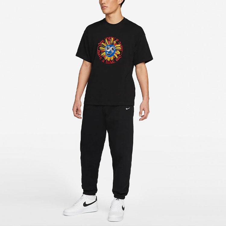 Nike Smile Floral Logo Print Round Neck Short Sleeve T-Shirt Men Tops Black DV0683-010