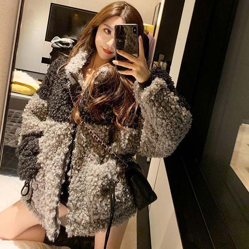 Palton din lână de miel cu guler înalt pentru femei, jachetă caldă cu mâneci lungi cu fermoar, pardesiu larg, modă coreeană, toamnă și iarnă