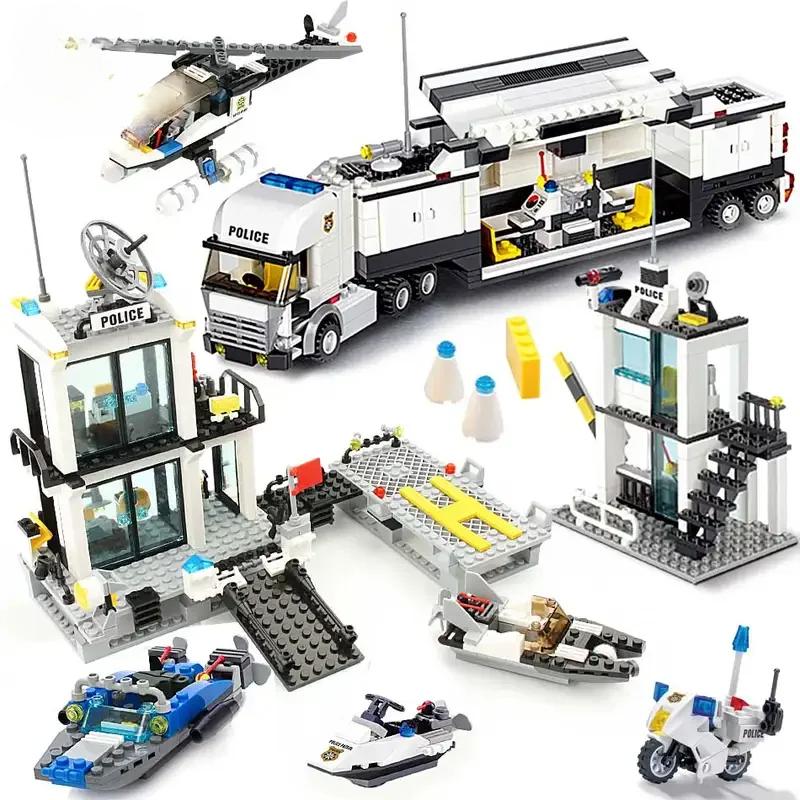 Stadt Polizeistation Bausteine ​​Gefängnis LKW Hubschrauber Boot mit Polizisten Bausteine ​​Spielzeug für Kinder