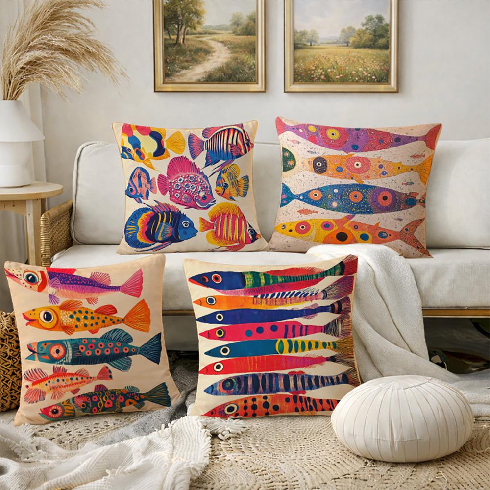1/4pcs 2D Flat- Boho Folk Art Colorful Fish Print Square Throw Pillow Cover Home farmhouse outdoor decoration cushion cover
