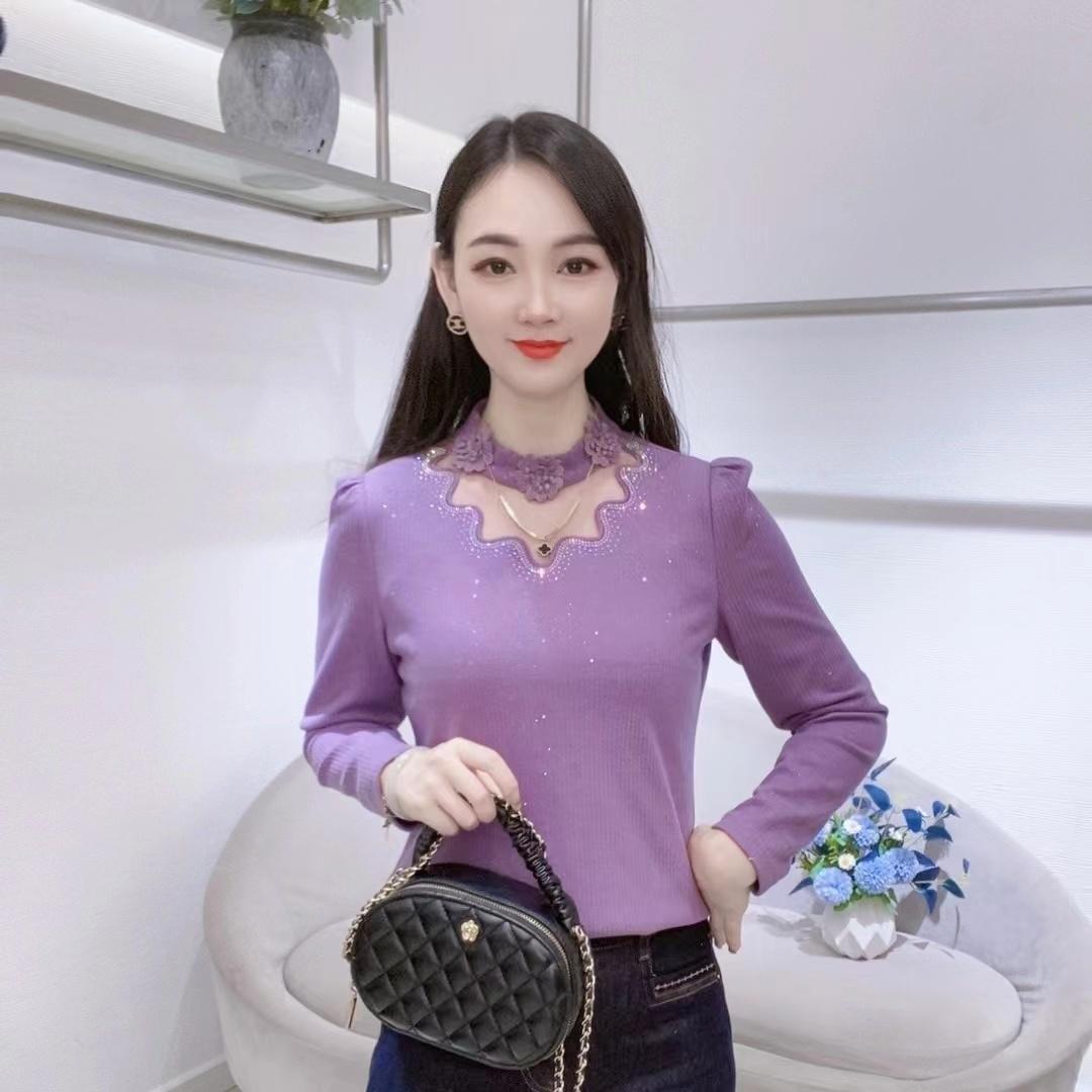 Women s French Lace Long Sleeve Velvet T-shirt - 2026 Autumn/Winter Collection S [80-100 kg]