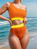 2024 European & American Color Block One-Shoulder High-Waist Bikini Swimwear