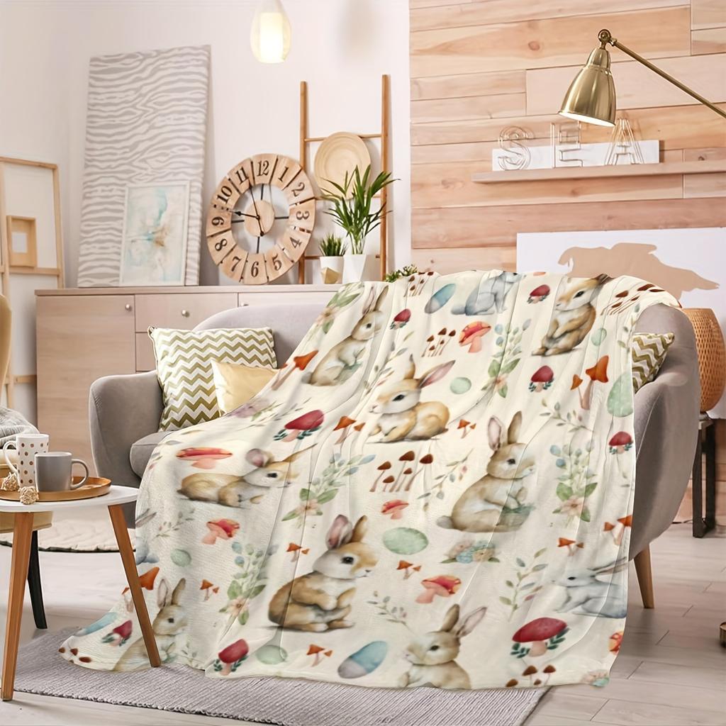Custom Easter Bunny Fleece Blanket Personalized Name Text Rabbit Mushroom Print Throw Soft Warm All Season Bedding Gift For Kids