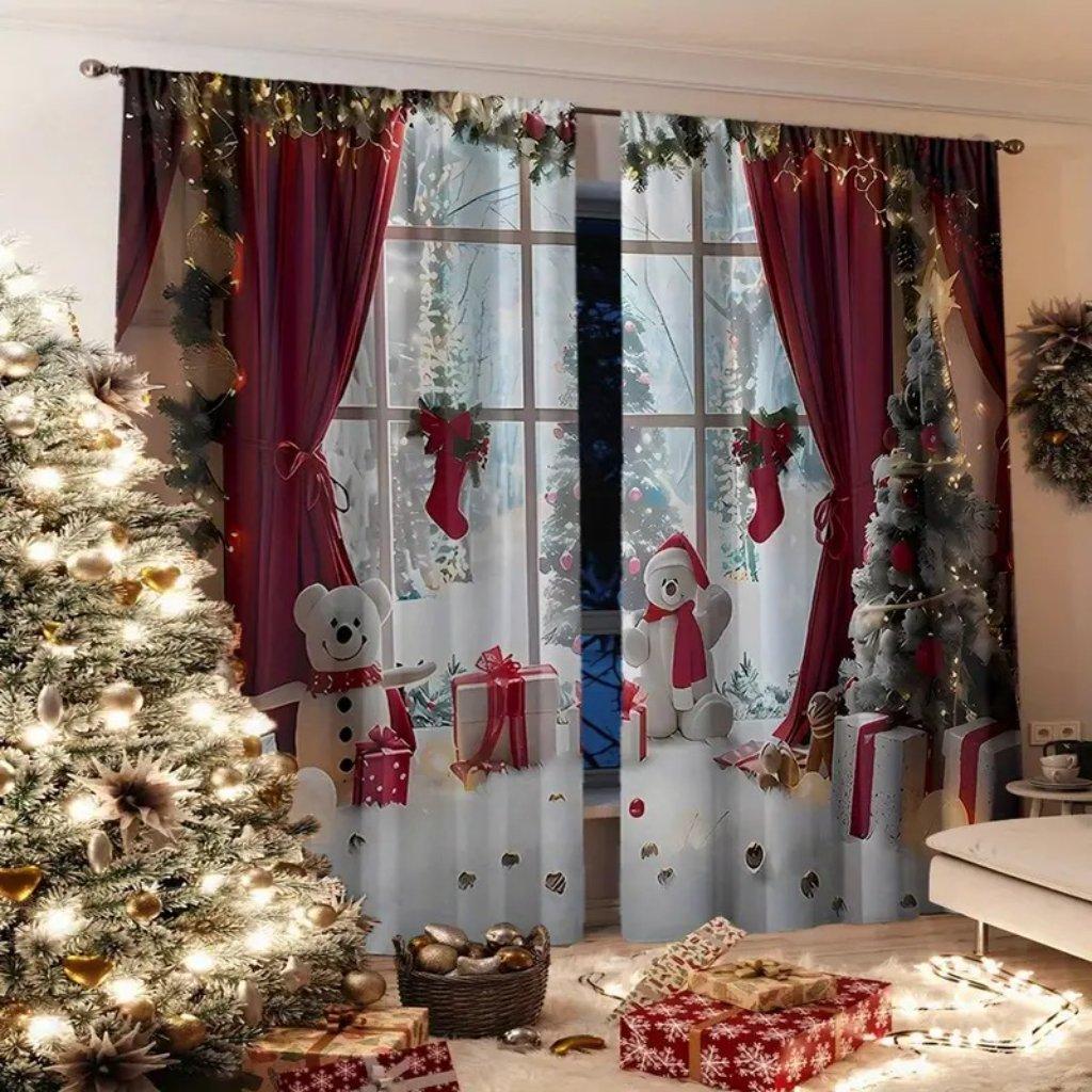 Christmas Tree With Gift Bears Curtains Light Filtering Drapes Window Curtains for Living Room Bedroom 2 Pieces Decor Cortinas