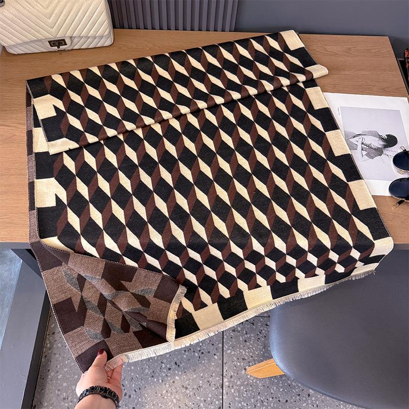 Imitation Cashmere Retro Plaid Pattern Simple Rhombus Pattern Printing Personality High-End Scarf Women