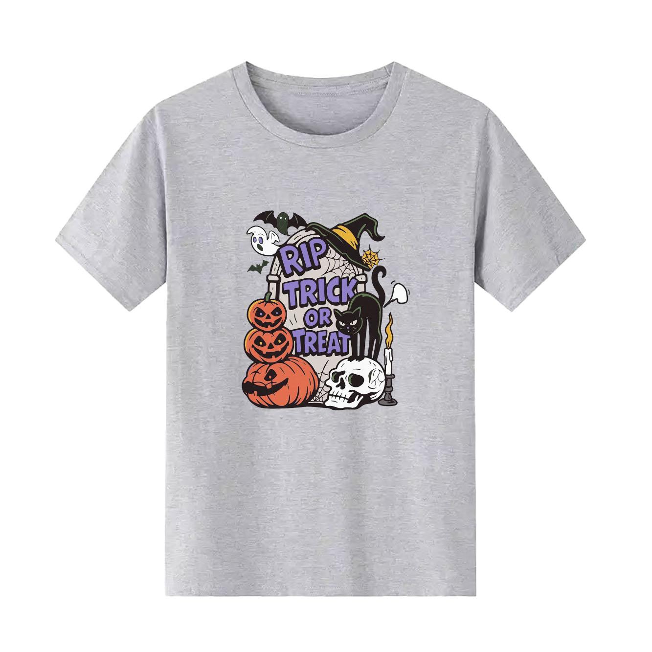 

Halloween pumpkin print short sleeved round neck versatile fashion Womens Tshirt for spring and summer S