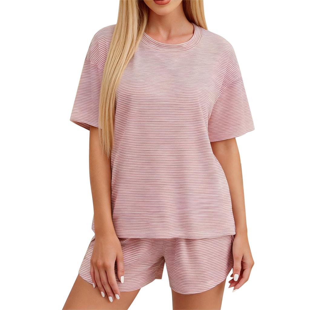 Pigiama da Donna a Maniche Corte Strisciato Stampato Due Pezzi Loungewear Scollo Pajamas Set Pantaloncini Spaccati Morbido Biancheria da Notte