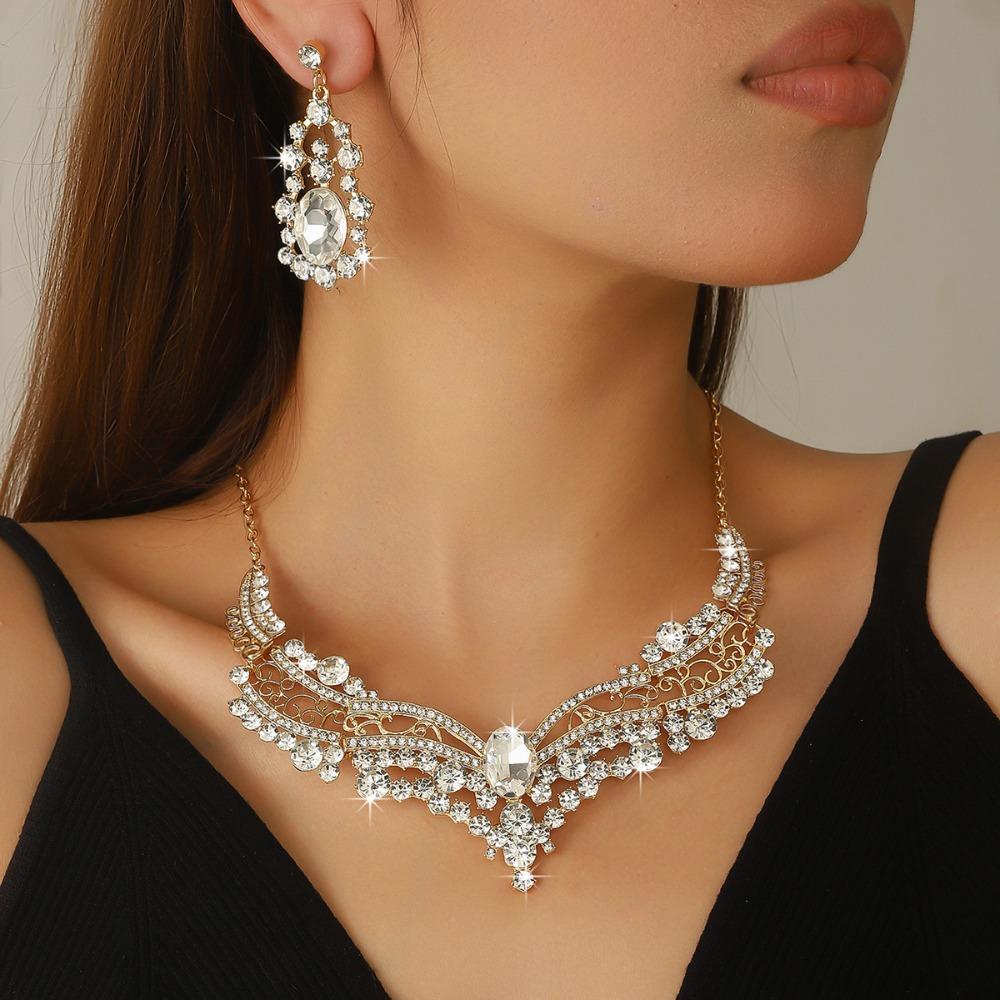 Inlay Rhinestone Necklace Earring Set Fashion Clavicle Chain Jewelry Set  Banquet