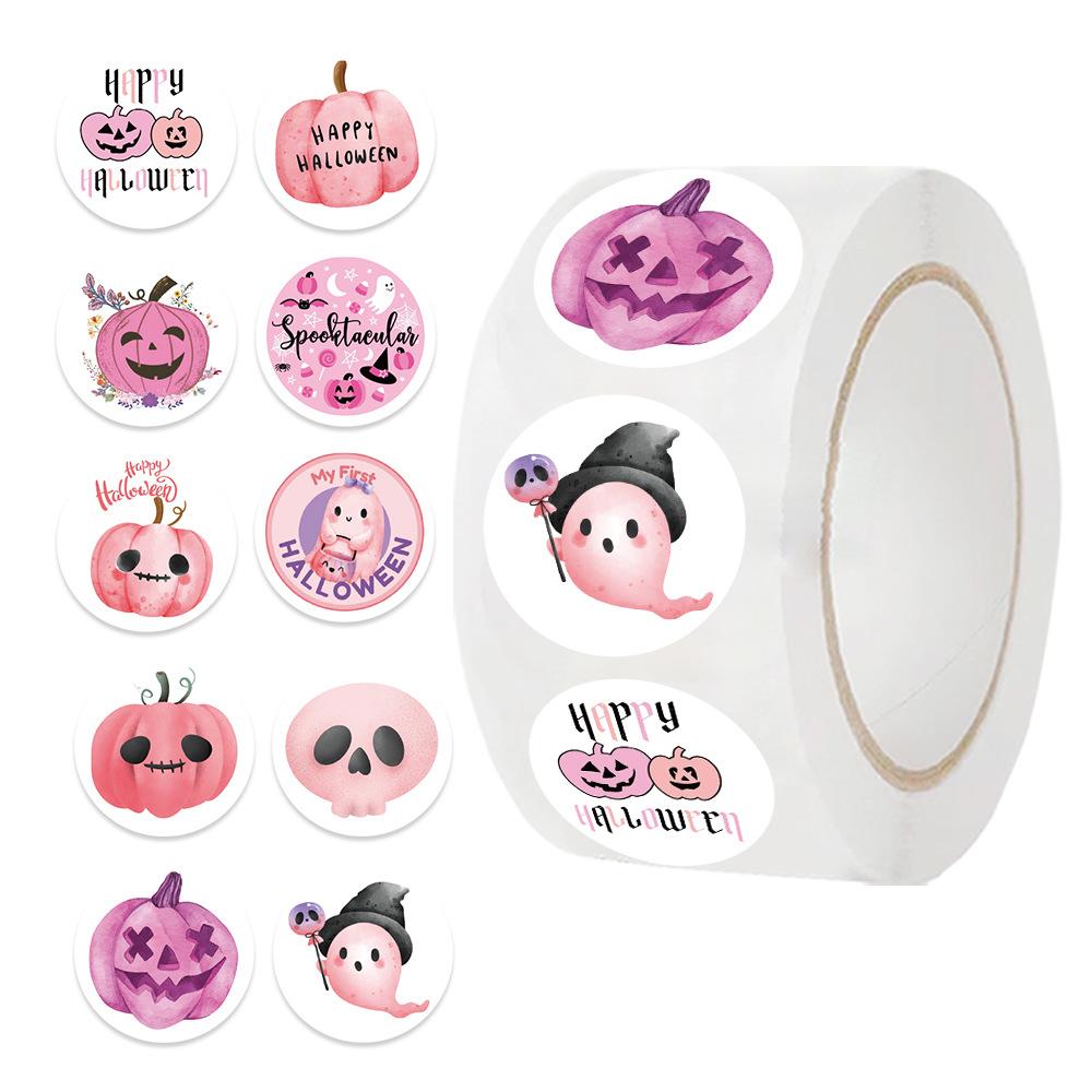 500 Pictures/roll Roll Sticker Tape Cartoon Pink Halloween Sticker Hand Account Material Envelope Seal