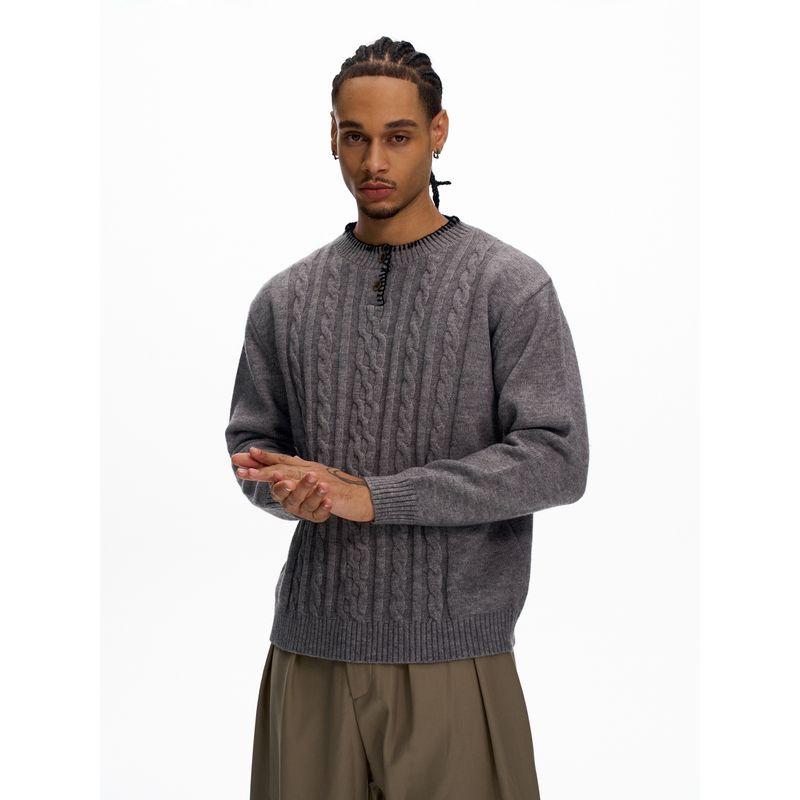 Kisko Autumn and Winter American-Style Henry Collar Hand-Stitched Cable Knit Sweater for Men and Women, High-End Casual Warm Knitwear