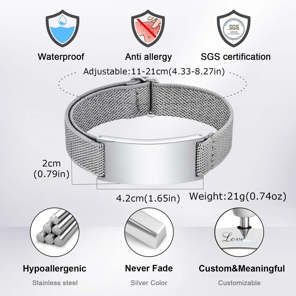 Vnox Free Engraved Curved Plate Bracelets Elastic Wristband for Men Women, Stainless Steel Adjustable Band, Personalized Jewelry