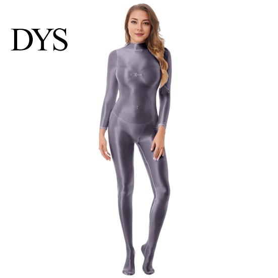 Supportive Bodysuit Lady Glossy Bodystocking Stretchy Sexy Full Long Sleeve Jumpsuit with Zipper Shiny Smooth Leotard Catsuit for Dance Practice Club